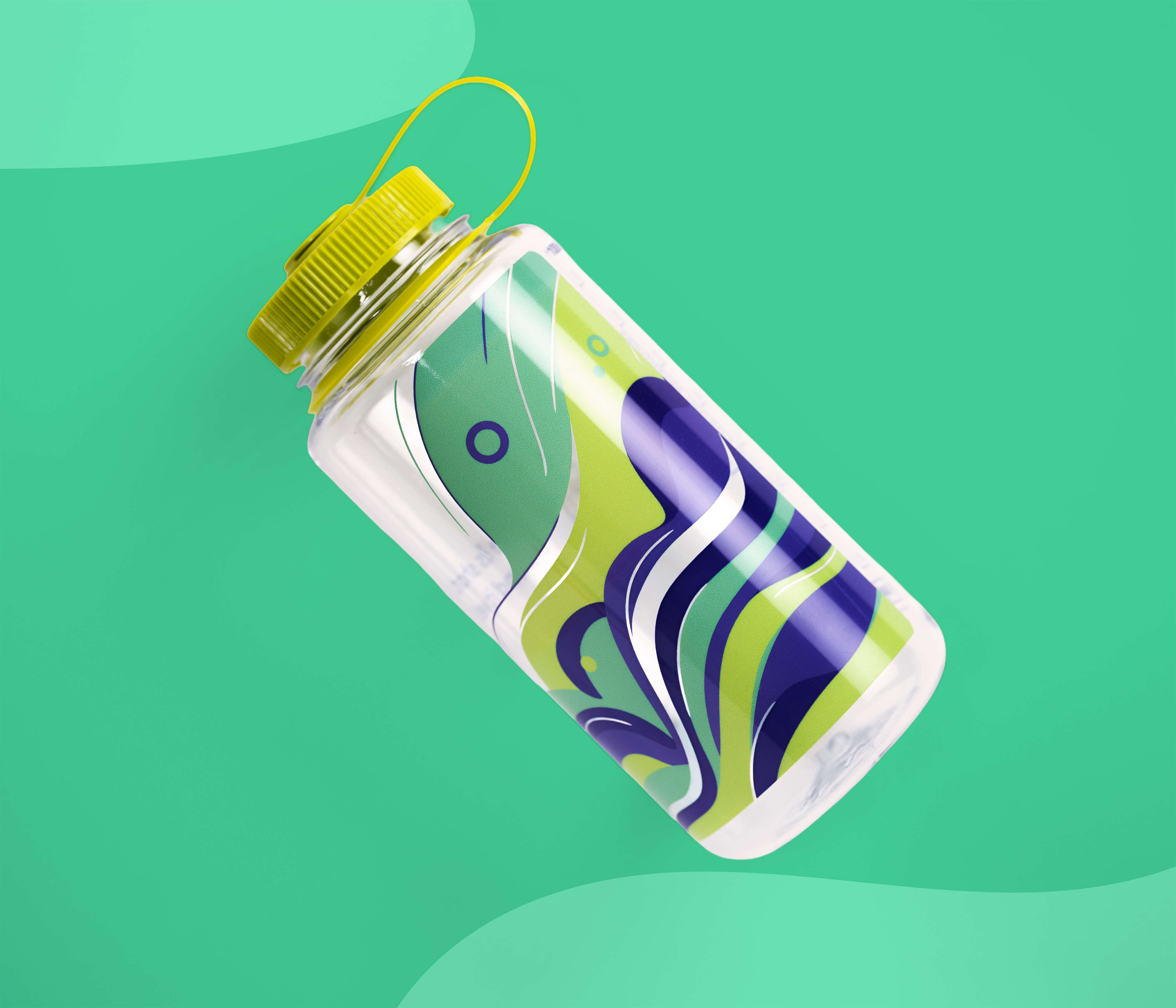 Clear YNAB water bottle with abstract green, blue, and purple wave design on a teal background.
