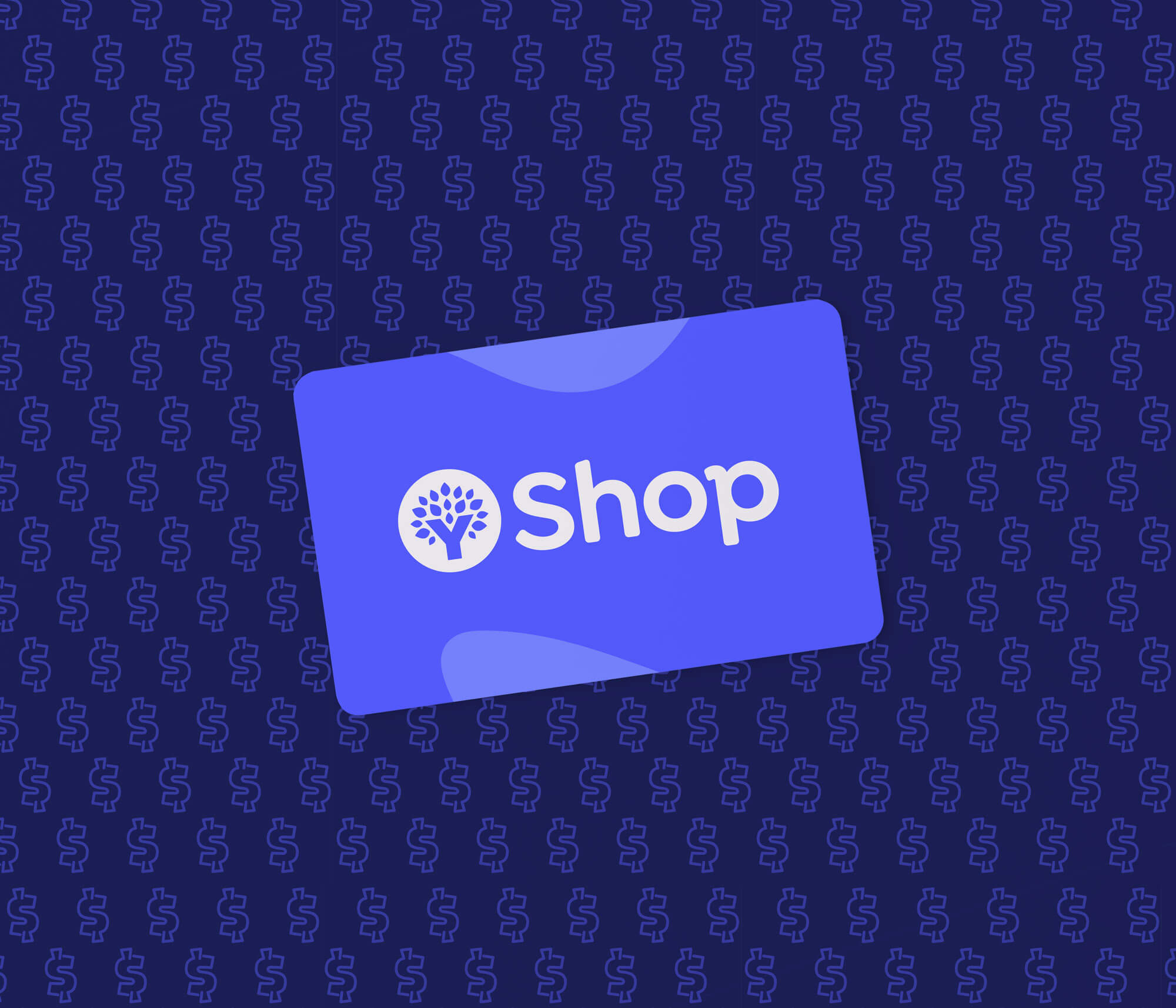 YNAB Shop gift card with the YNAB tree logo and the word “Shop” on a dark blue background with dollar sign pattern.