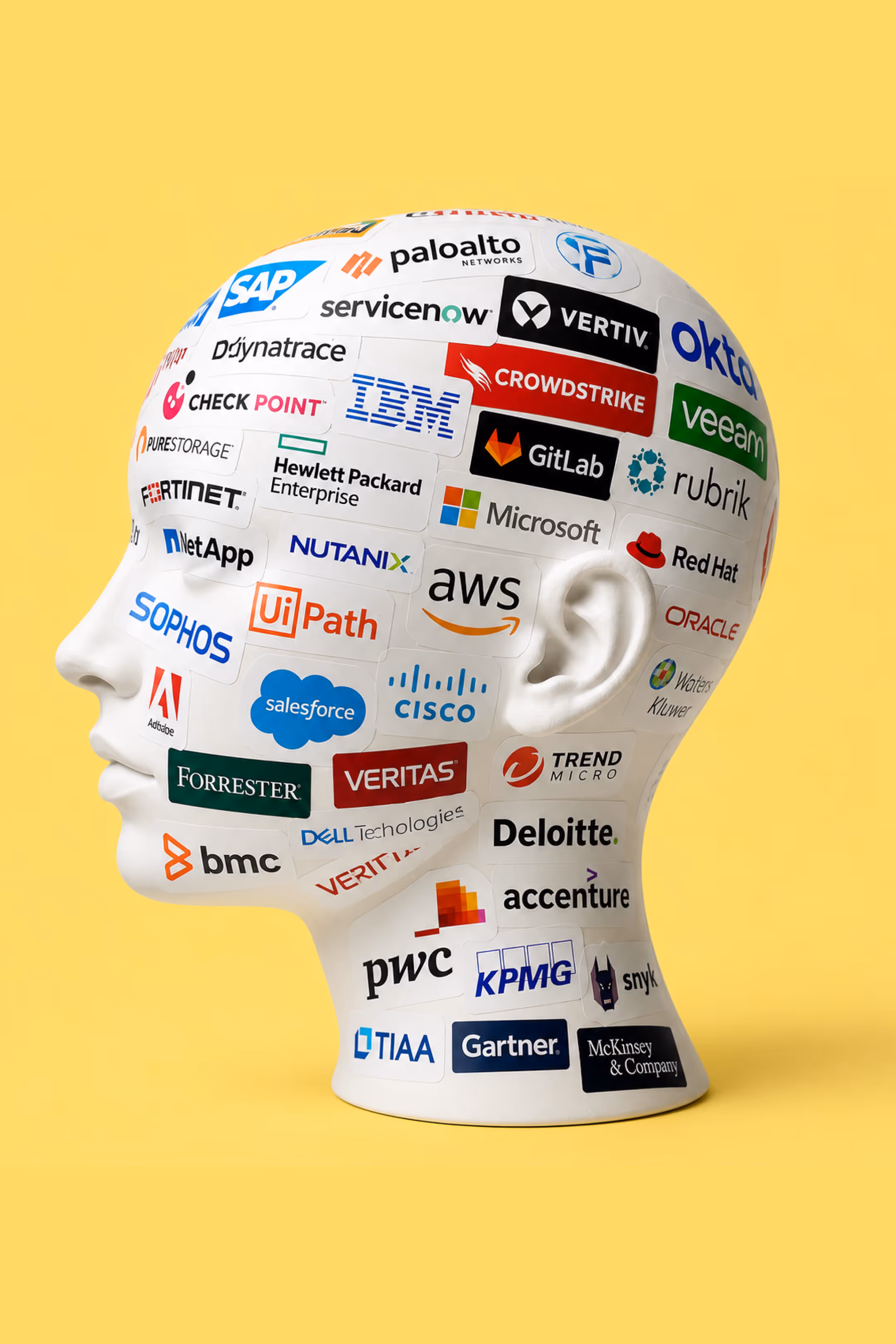 Mannequin head covered with stickers of well-known B2B and enterprise technology brands on a yellow background.