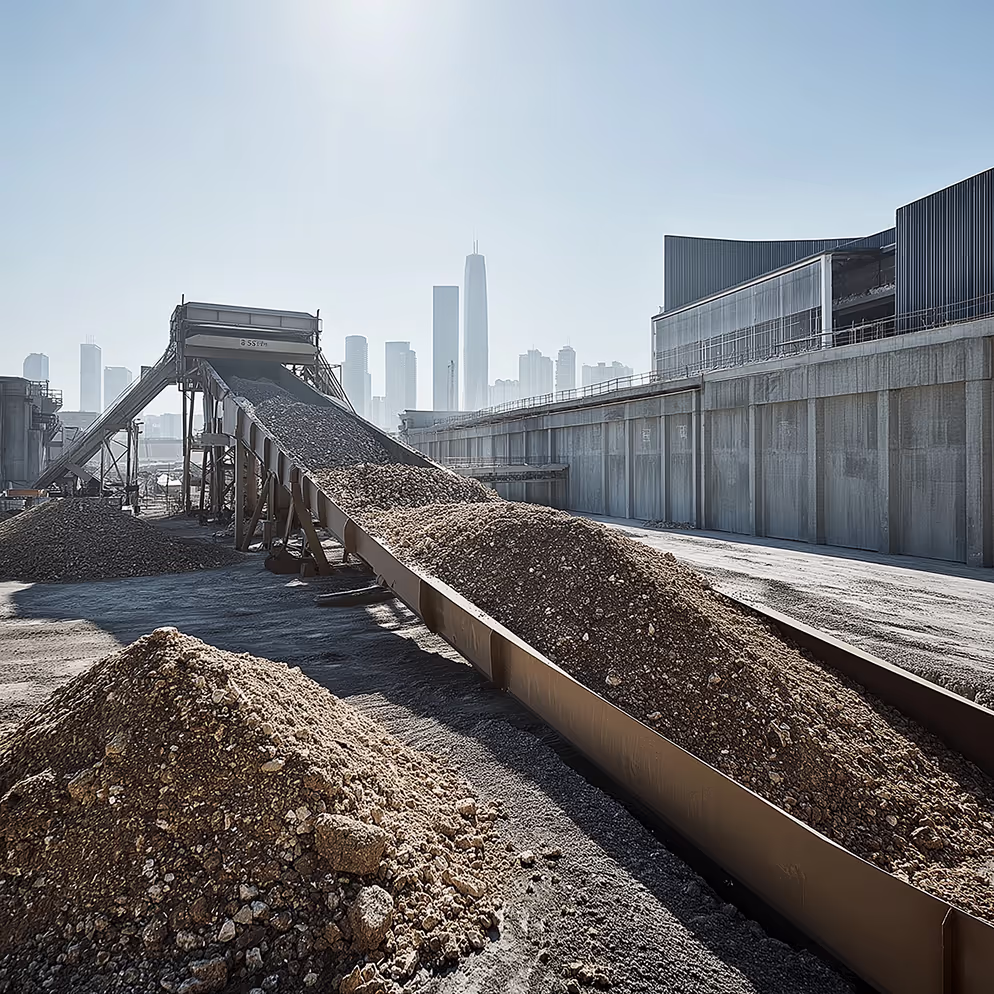 Industrial conveyor system processing construction waste materials