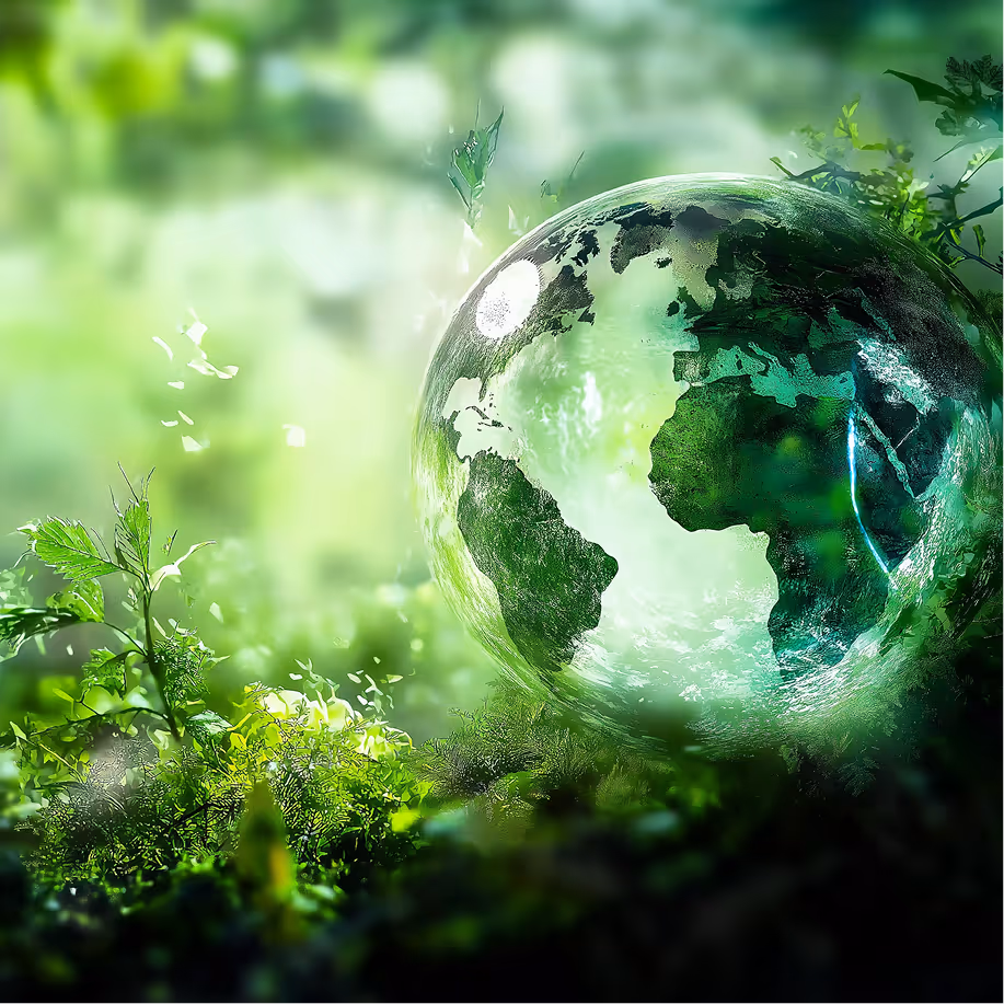 Glass globe depicting Earth resting in lush green foliage, symbolizing sustainability and environmental protection