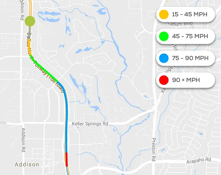 Map images showing a highlighted routes with various colors along the route traveled. Within the Bouncie app you can assign colors for different speed ranges. In this example, four speed zones are being shown.