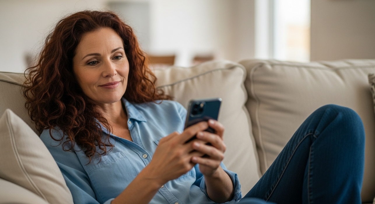Woman checking GPS vehicle tracking app on smartphone from home to track her car in real time