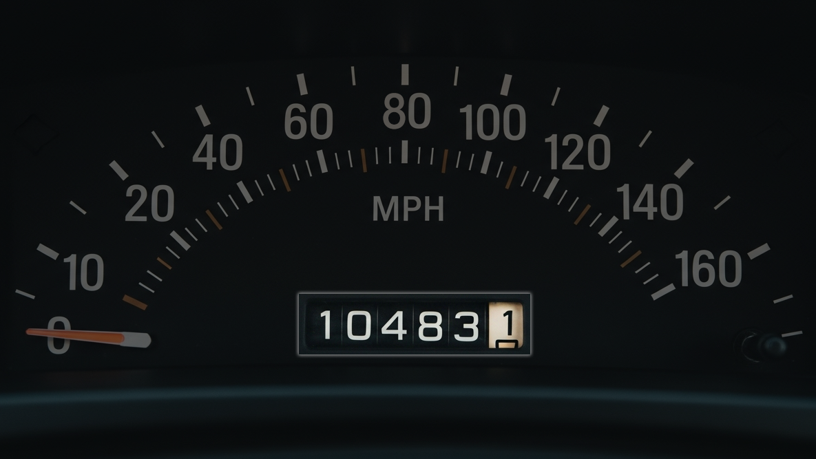 Car odometer reading 10,483 miles representing vehicle mileage tracking with a GPS mileage tracker.