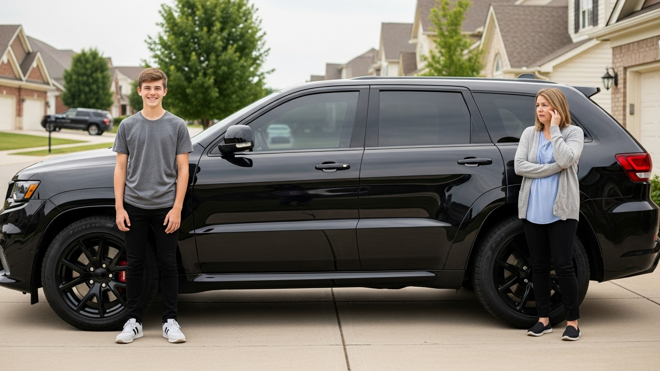 Teen driver standing by SUV with parent nearby, showing GPS tracking for teen drivers and peace of mind for families.