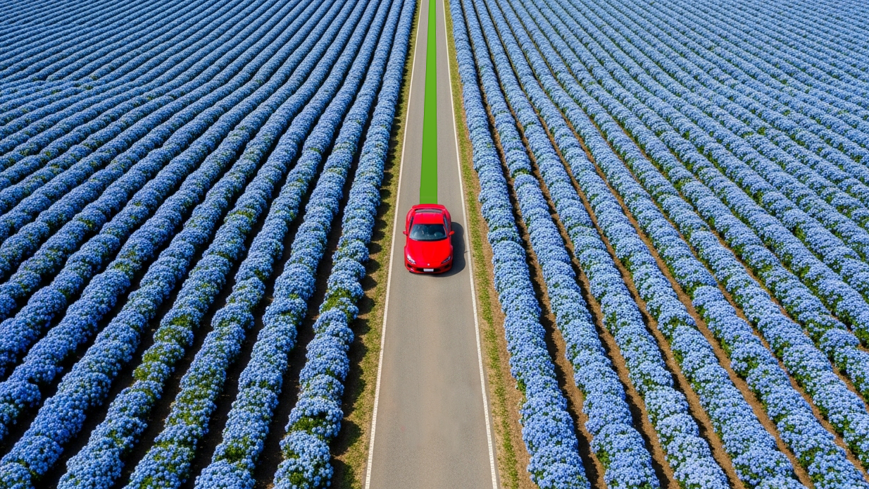 Red car driving along a road with a green tracking line through blue flower fields, illustrating car GPS trackers and precise navigation.