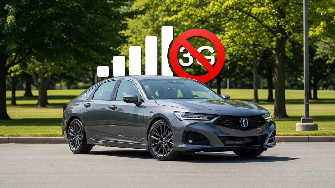 A sedan parked in front of a park with a no-3G signal icon above, illustrating the end of 3G connectivity for vehicle features like AcuraLink.