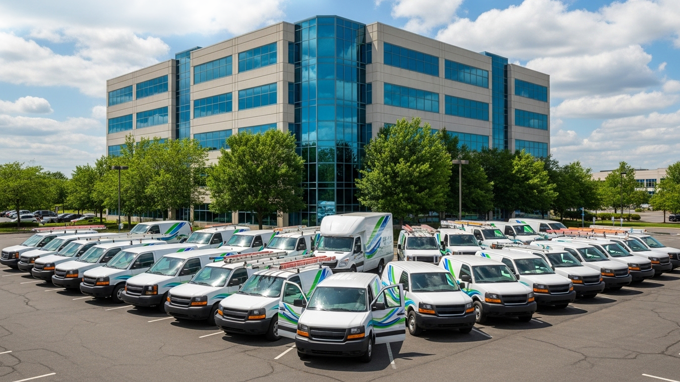 Service fleet vehicles parked outside a corporate office, representing the impact of GPS tracking for service fleets.
