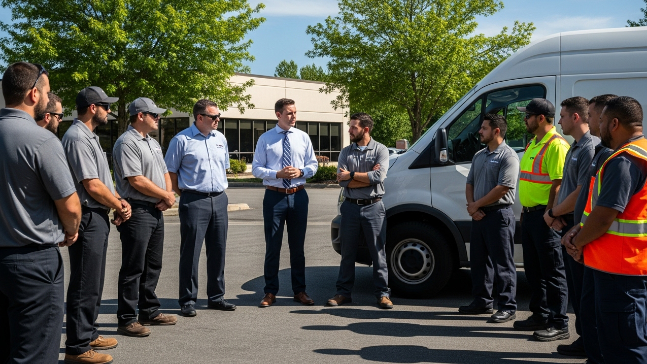 Employees gathered around a fleet van listening to a supervisor, illustrating GPS tracking in work culture and team accountability.