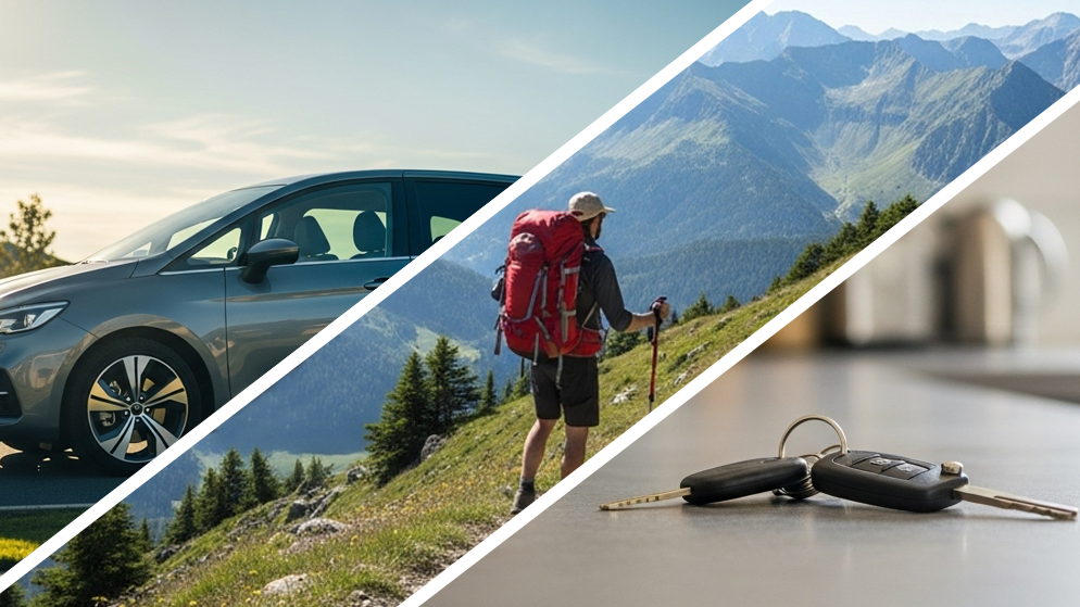 Split-screen collage showing a car, a hiker, and car keys, illustrating the various uses for the three main types of tracking devices: GPS, GPS/ Cellular, and Bluetooth.