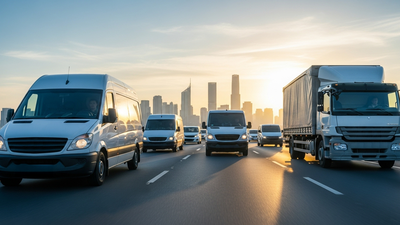 Fleet GPS tracking illustration showing commercial vans and trucks driving toward a city skyline, representing real-time vehicle monitoring and route optimization.