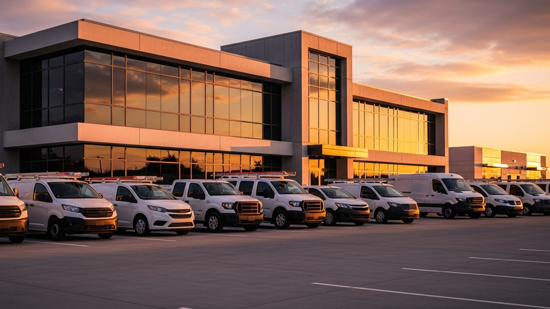 Fleet of service vehicles parked outside a modern commercial building at sunset, representing fleet tracking and GPS vehicle monitoring for businesses.