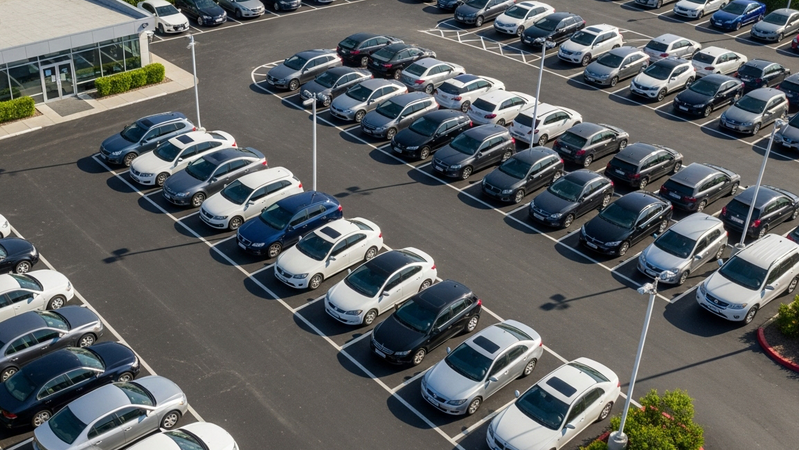 Aerial view of rental car fleet in dealership lot. Ideal for GPS tracking for rental cars and fleet management.