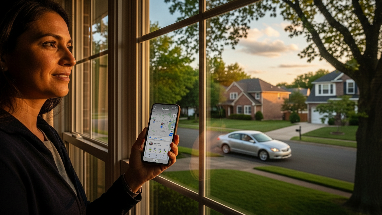 A parent uses a car tracker for parents on their phone while watching their teen drive away from home in a suburban neighborhood at sunset.