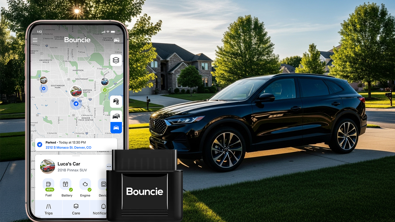 Bouncie connected car device with mobile app showing real-time vehicle location next to a black SUV parked in a residential neighborhood.