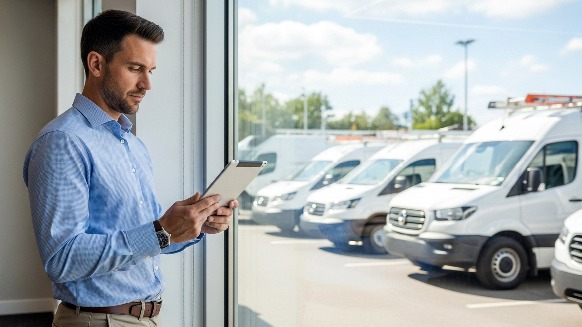 Small business fleet manager using tablet to monitor fleet management system with service vans in background