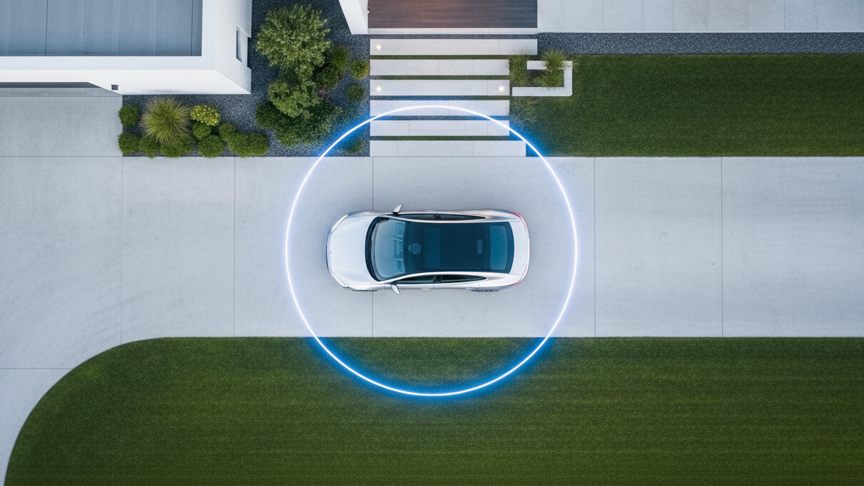 Overhead view of a car in a driveway surrounded by a glowing GPS geo-fence circle, representing vehicle tracking and location monitoring with a GPS tracker.