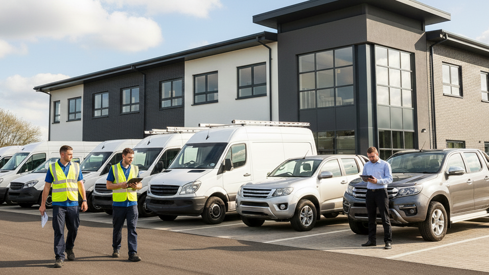 Fleet manager using a tablet to monitor GPS trackers on a lineup of commercial vans and trucks outside a business headquarters, with two team members in safety vests reviewing routes — illustrating small fleet management and vehicle tracking in action