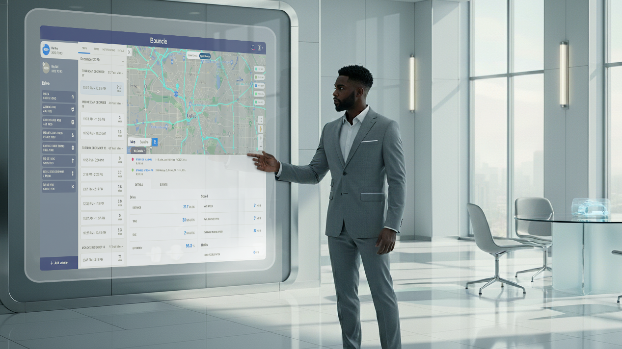 Fleet manager analyzing real-time automotive insights on a digital dashboard powered by Bouncie GPS vehicle analytics in a modern office.