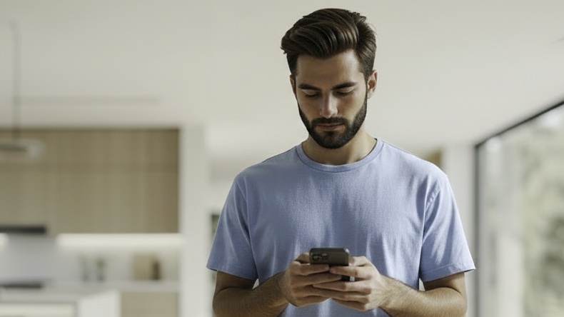 Man standing in a bright modern home reviewing detailed trip history information on his phone through the Bouncie app to understand recent vehicle activity