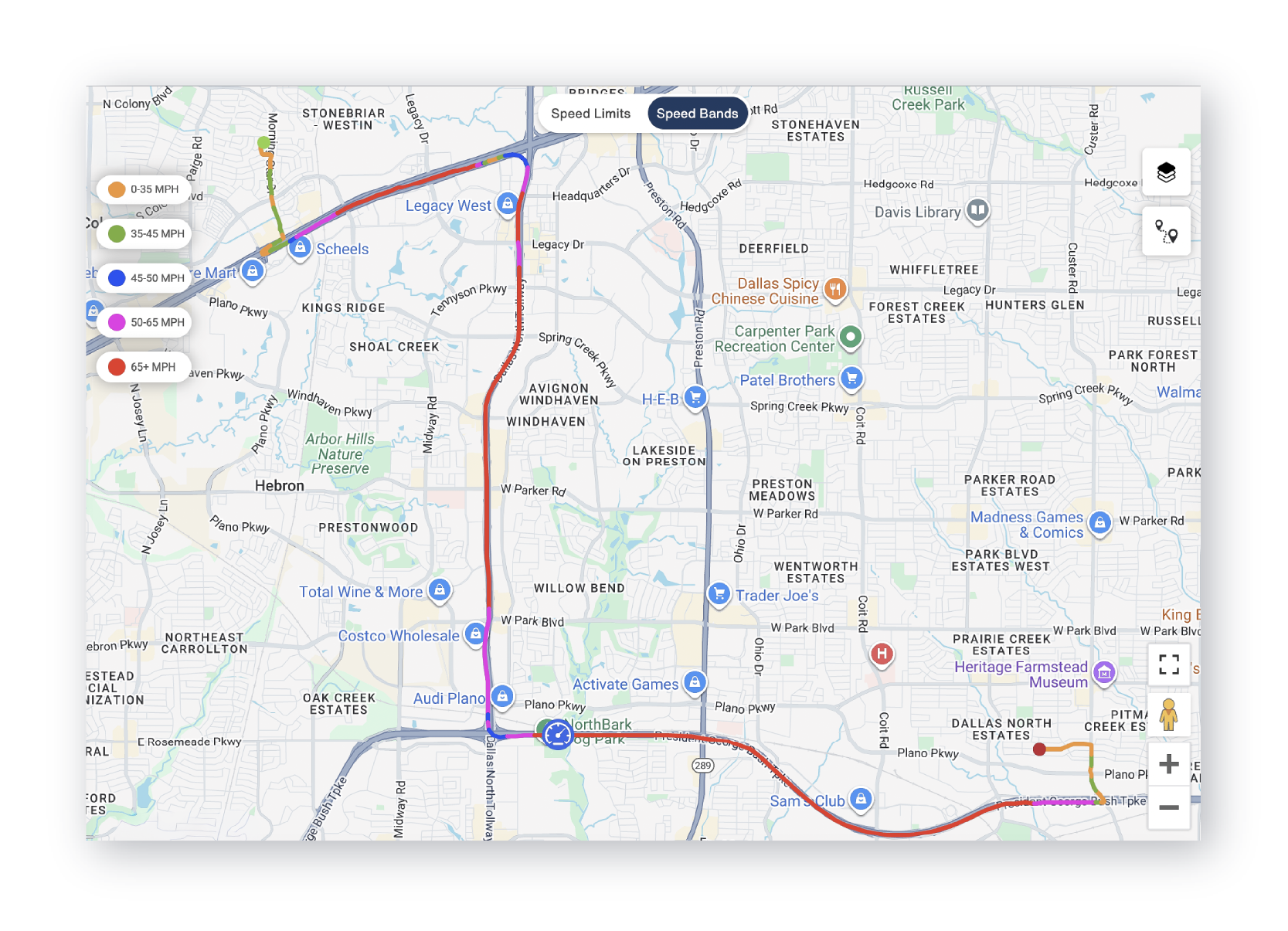 Map view of a recorded vehicle trip history showing speed bands and a highlighted point marking maximum speed.