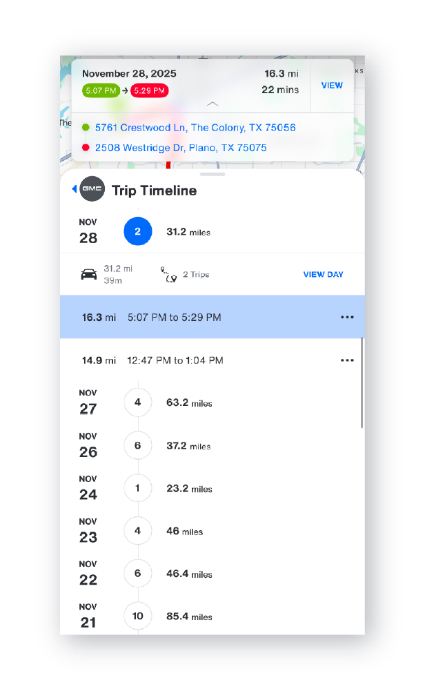 Mobile view of Bouncie’s trip history timeline displaying trip distance, duration, and daily driving activity.