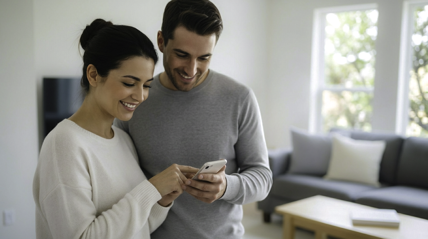 Couple reviewing vehicle location tracker data on a smartphone at home to support smarter driving decisions.