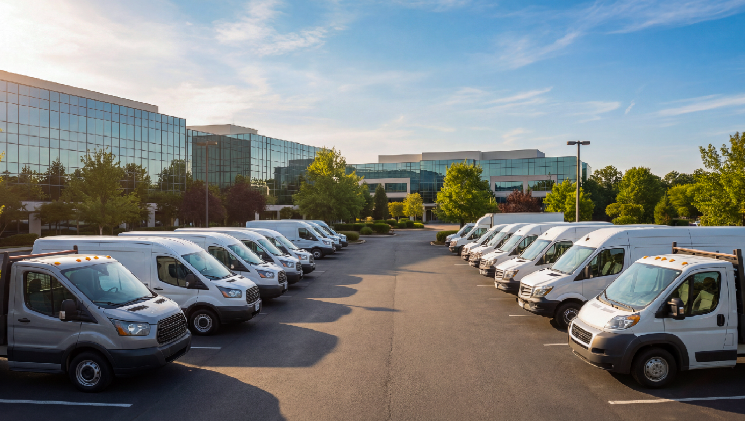 Commercial fleet vehicles parked outside an office building, representing a modern fleet tracking system for business operations.