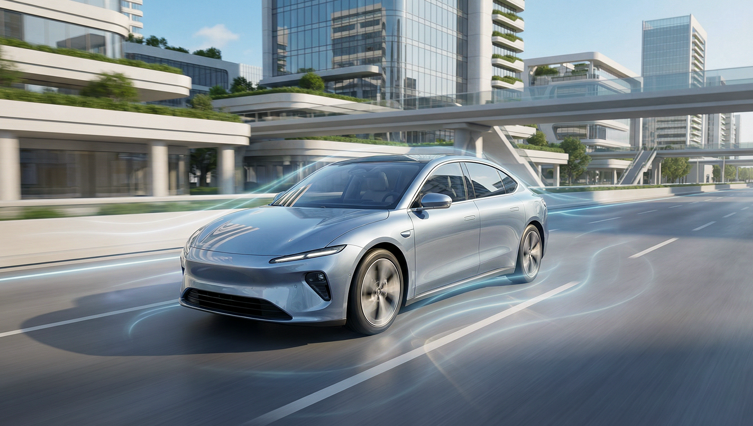 Electric vehicle driving through a smart city with connected data visuals representing the future of telematics and fleet technology