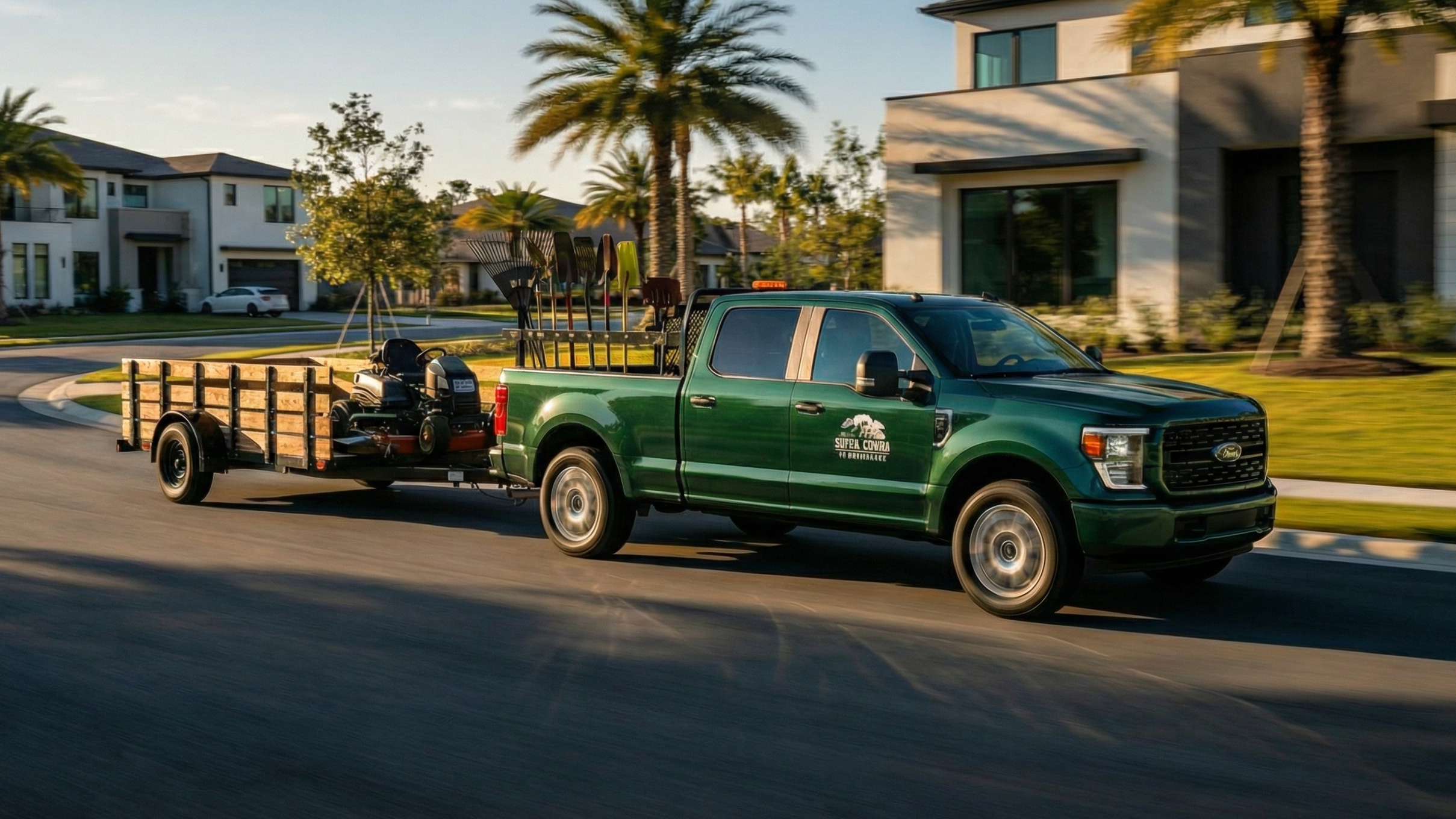 Landscaping company truck towing equipment trailer to job site, representing GPS tracking for managing seasonal landscaping crews and fleet operations