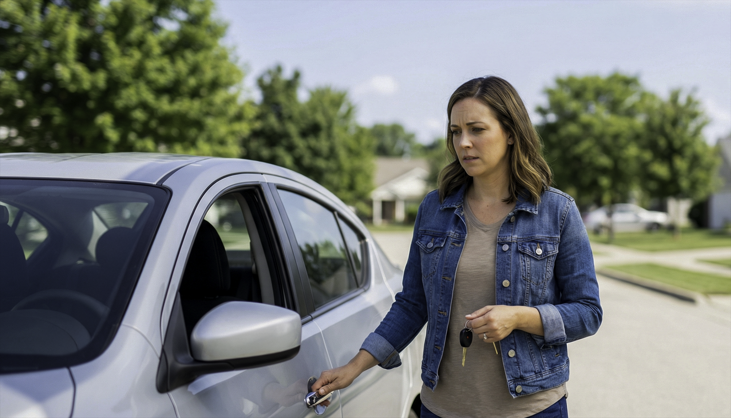 Car GPS tracker buyer standing next to her vehicle in a residential neighborhood, holding car keys and considering vehicle safety and monitoring options