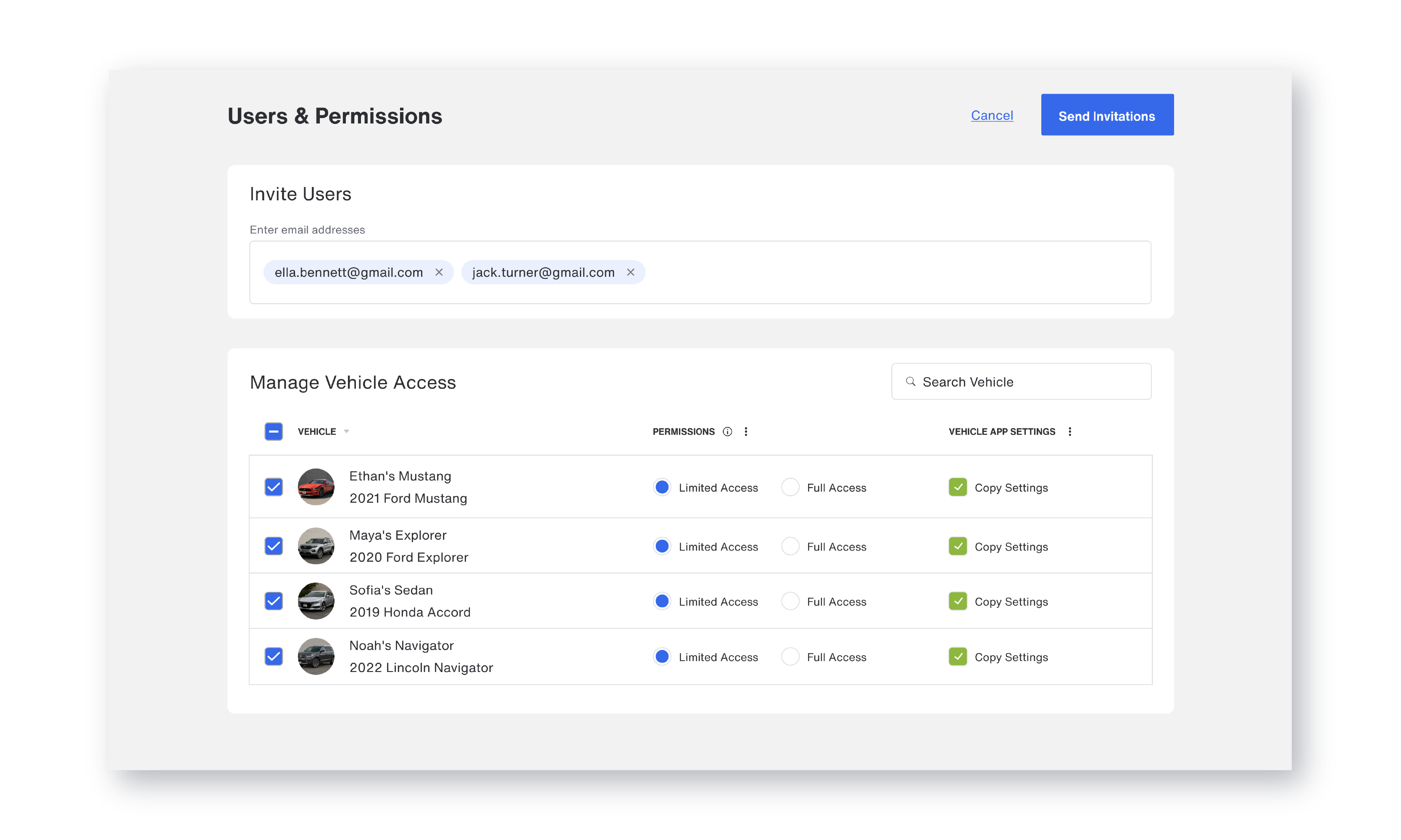 Bouncie User Management screen for inviting users and assigning vehicle permissions
