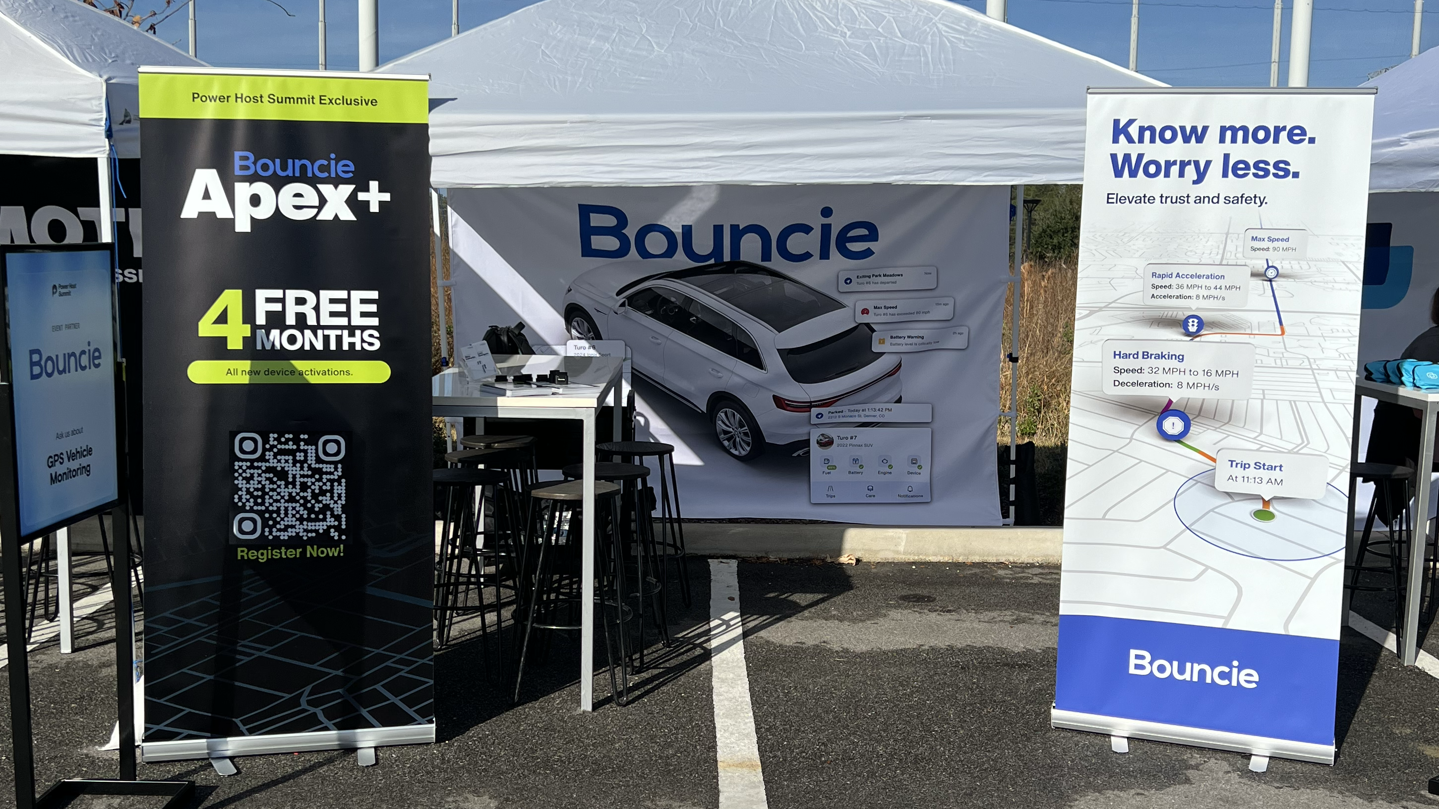 Bouncie booth showcasing the Apex+ program announcement at the 2026 Turo Power Host Summit