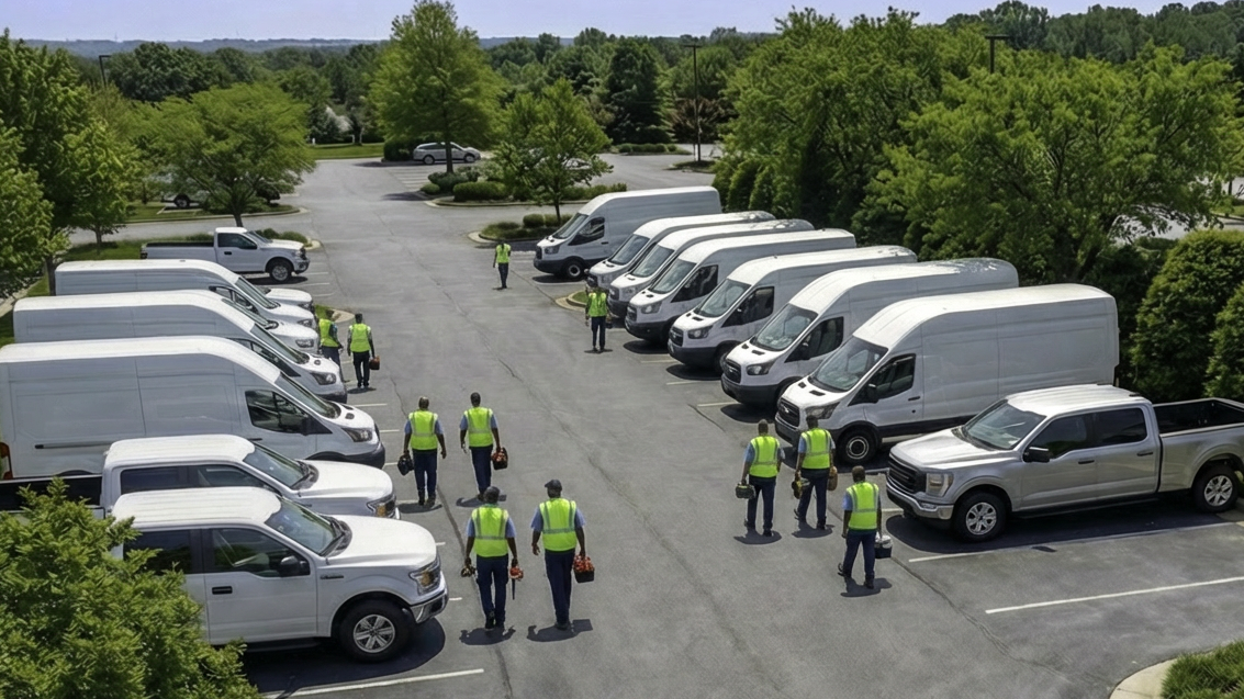 Small business fleet management with service vans and drivers preparing vehicles in parking lot