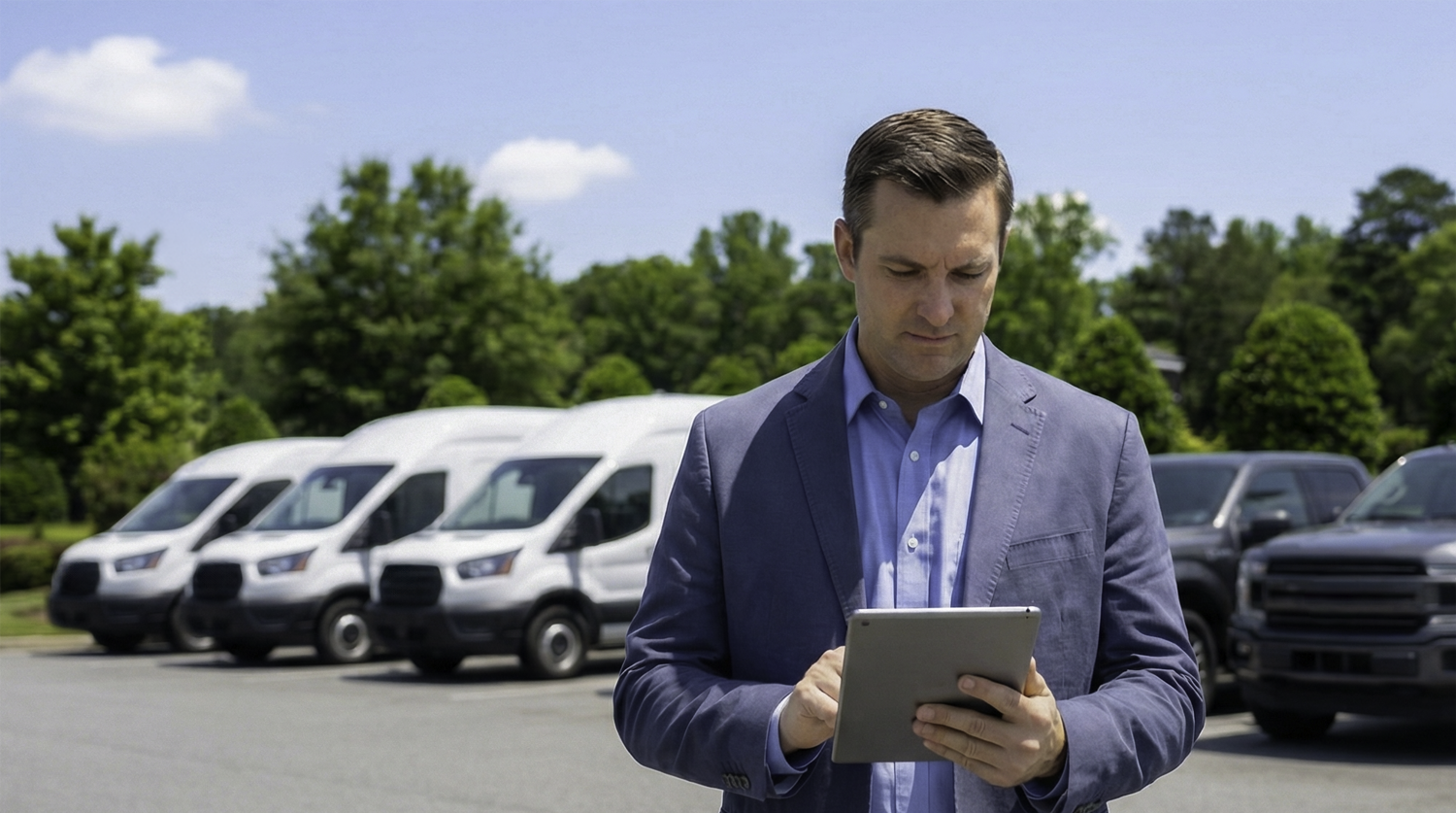 Fleet manager using a tablet to monitor vehicles with a fleet tracking system for real-time operational visibility and route management