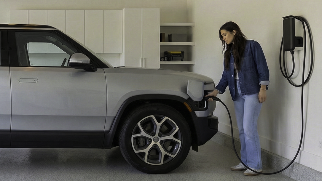 Woman plugging a Level 2 charger into an electric vehicle in a home garage