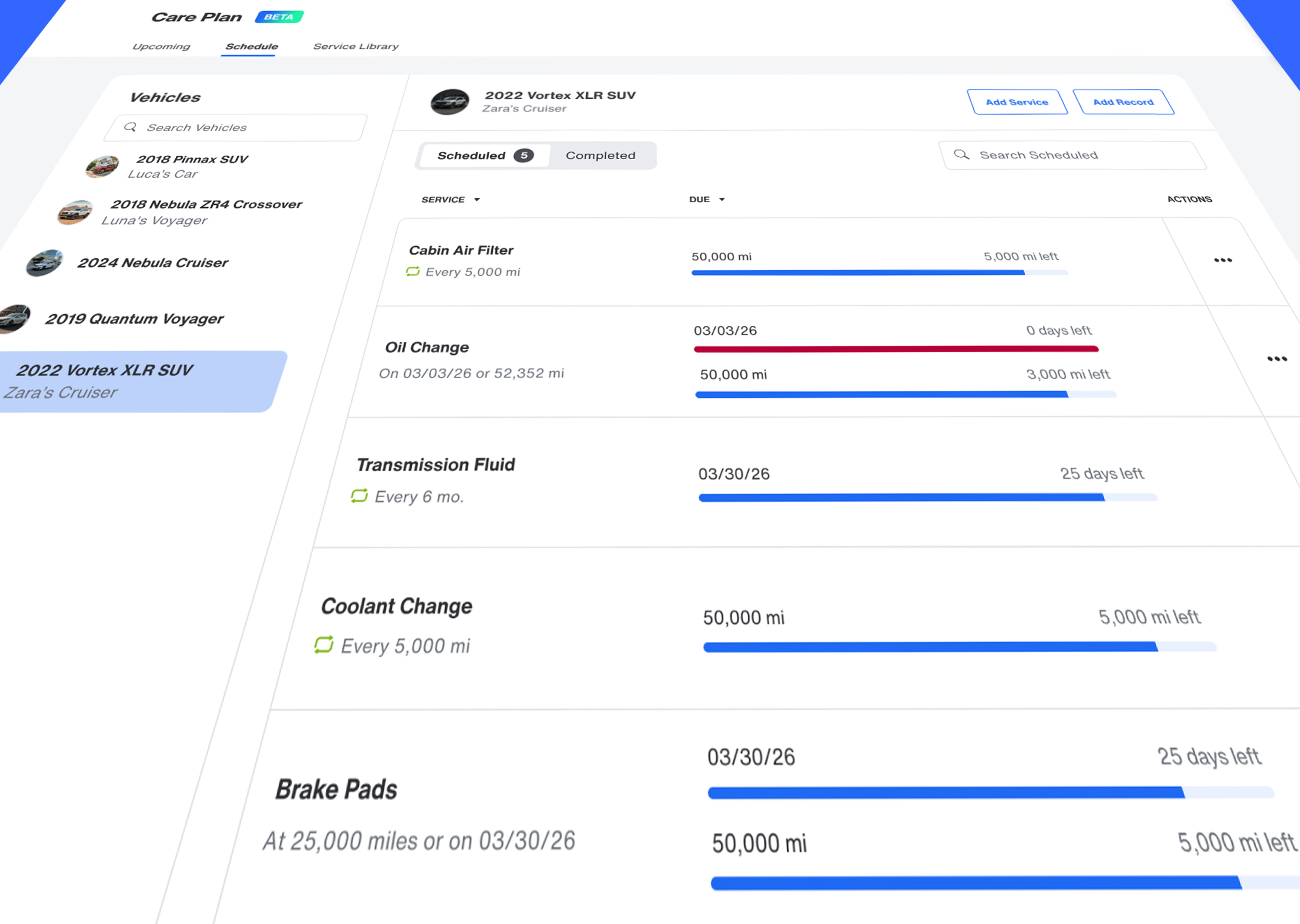 Bouncie Care dashboard showing scheduled vehicle maintenance services including oil change, brake pads, and transmission fluid with mileage and date tracking