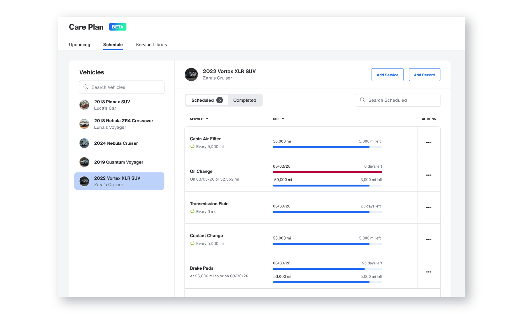 Bouncie Care Schedule tab showing upcoming maintenance services including oil change, transmission fluid, and brake pads with mileage and days remaining for a selected vehicle