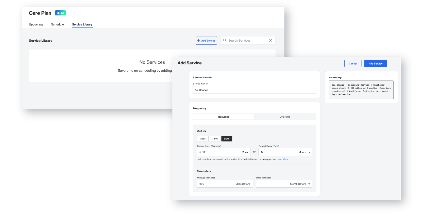 Bouncie Care Add Service form showing oil change configured as a recurring service due every 5,000 miles or 3 months with mileage and date reminders