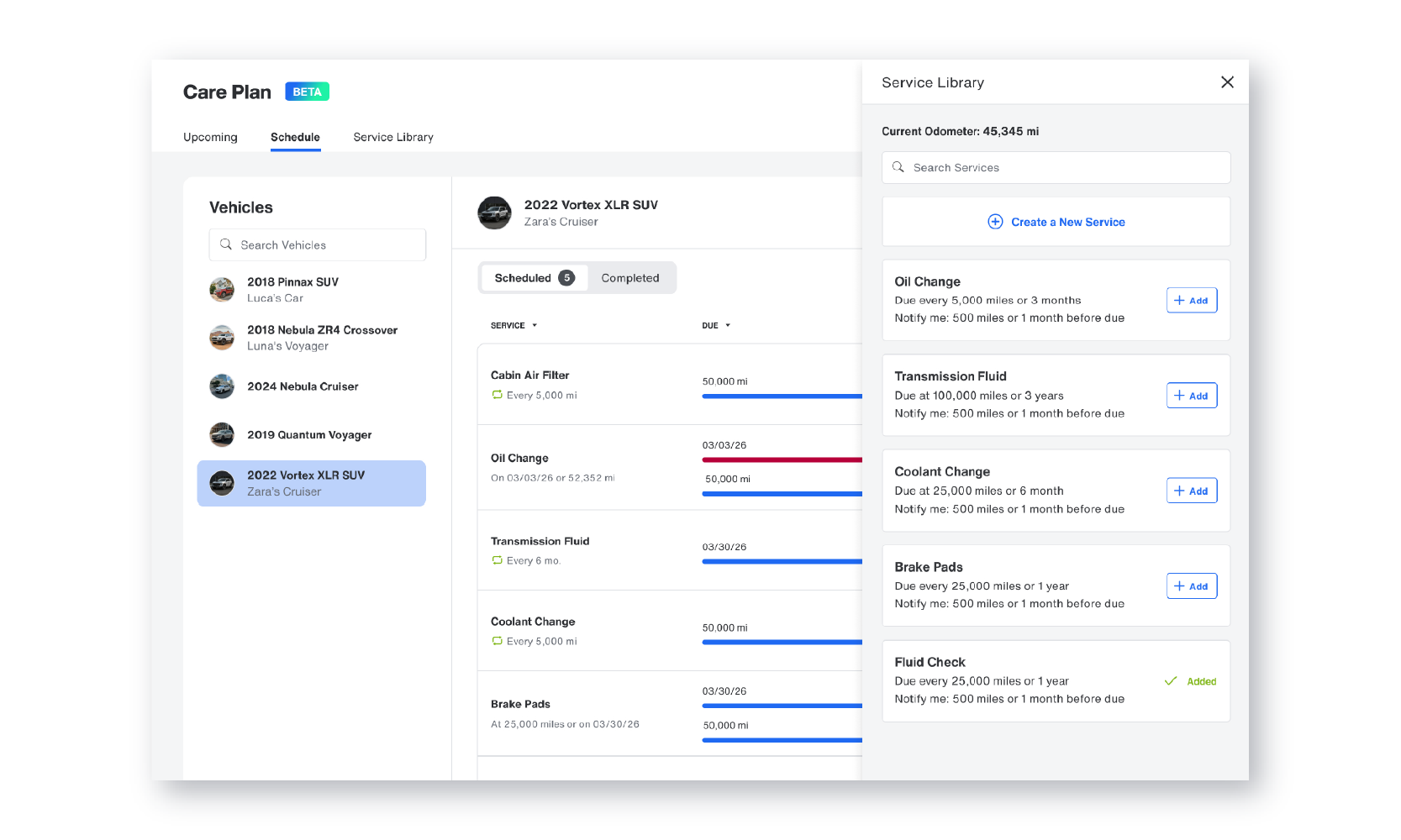 Bouncie Care Service Library slider open showing preset services including oil change, transmission fluid, brake pads, and fluid check being added to a specific vehicle