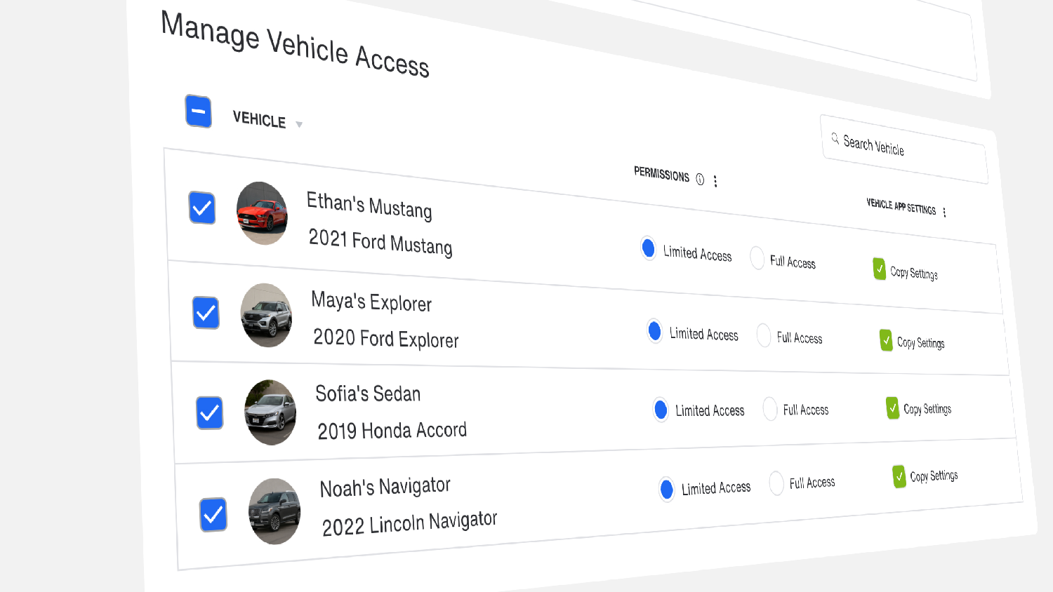 Bouncie user management dashboard showing vehicle access controls and permission settings for multiple cars
