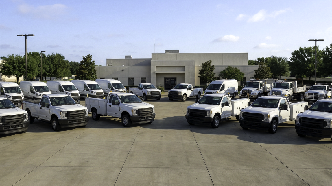 Municipal government fleet of white work trucks and utility vans parked at a local government facility