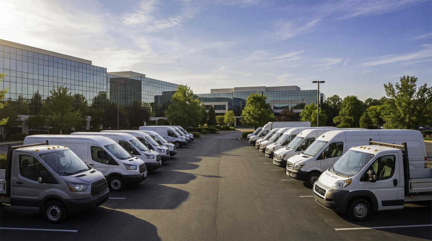 Commercial fleet vehicles parked outside an office building, representing a modern fleet tracking system for business operations.