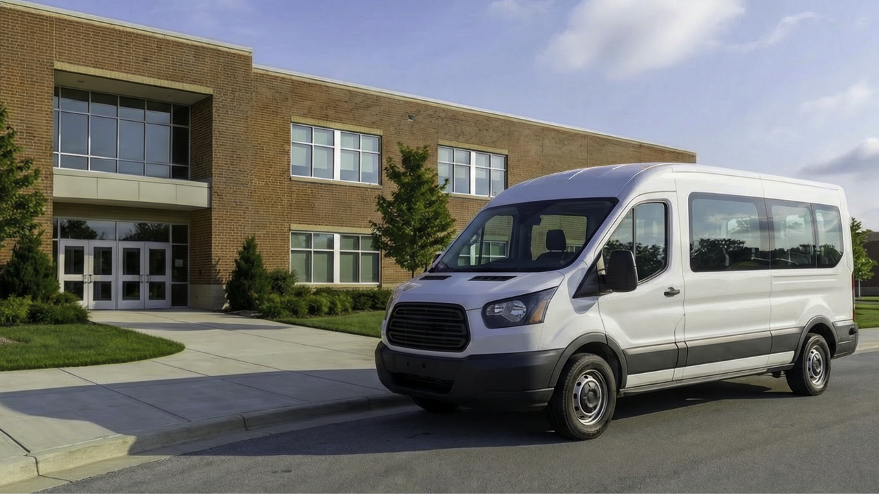 White passenger van parked outside a school building representing GPS tracking for school vehicles