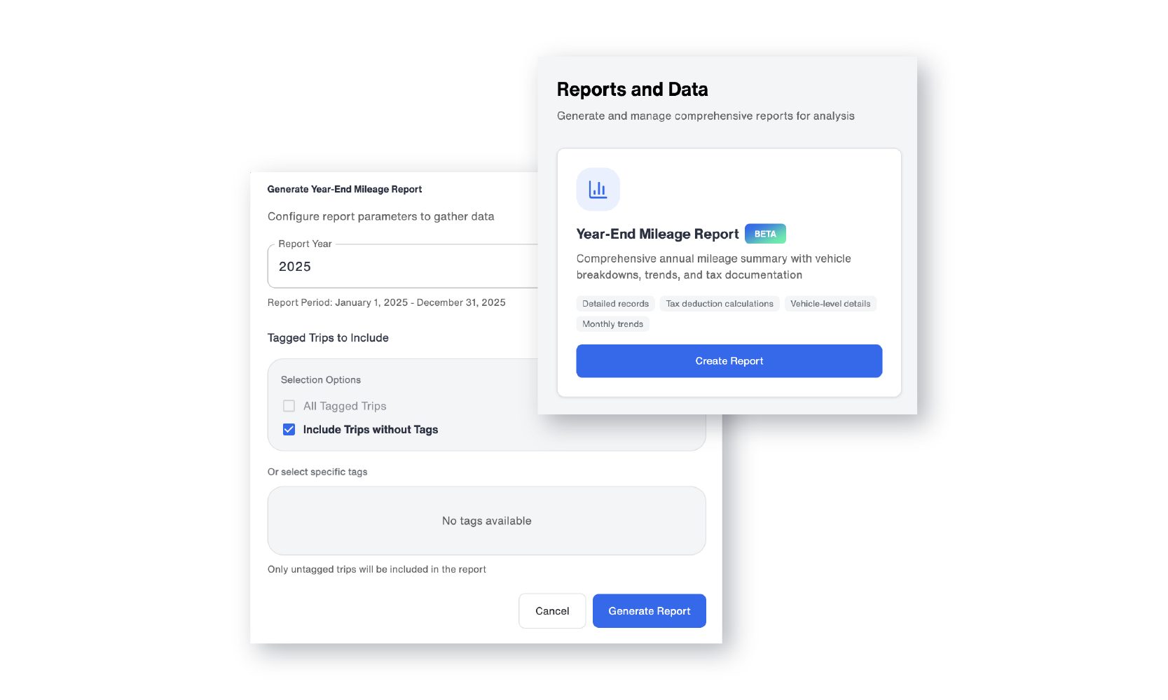 Bouncie dashboard showing how to generate a year-end mileage report with tag filtering options