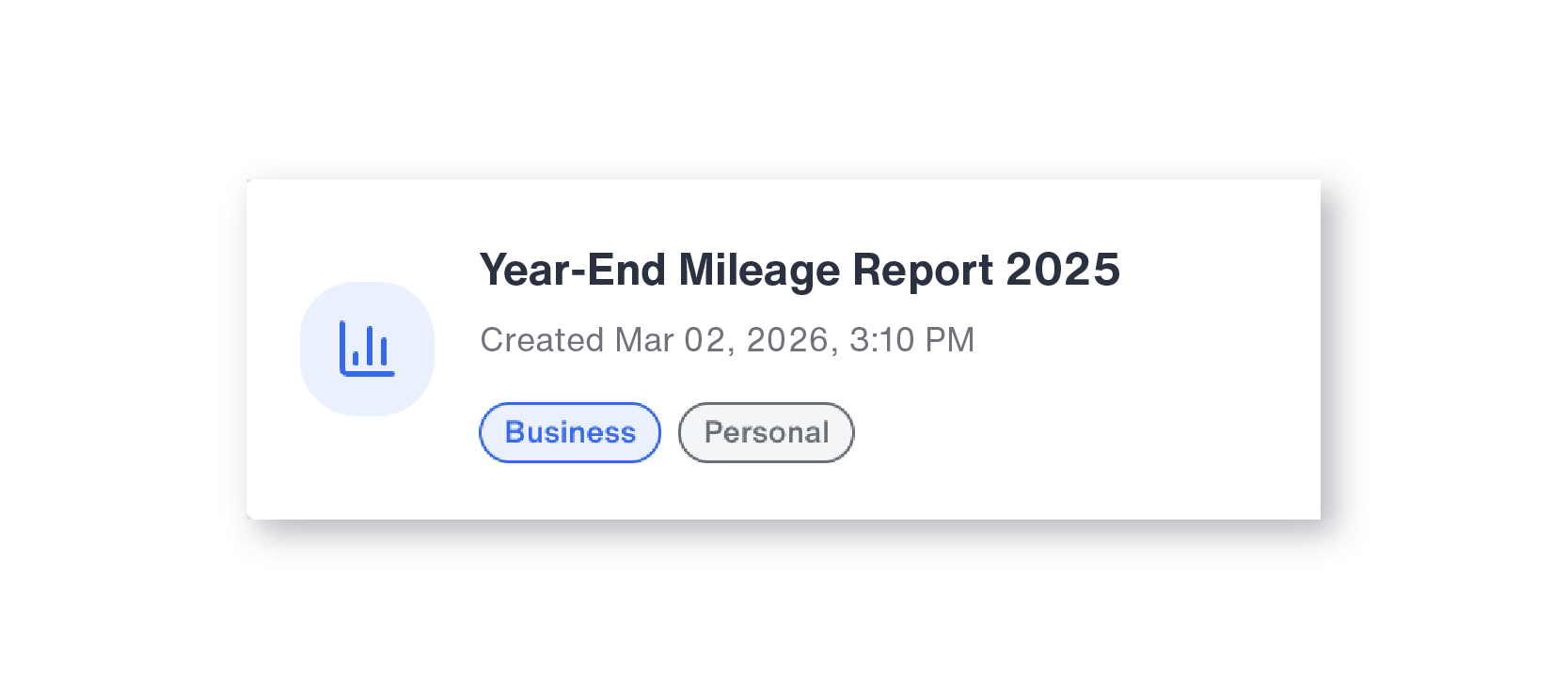 Bouncie year-end mileage report 2025 saved in the Generated Reports section with business and personal tags