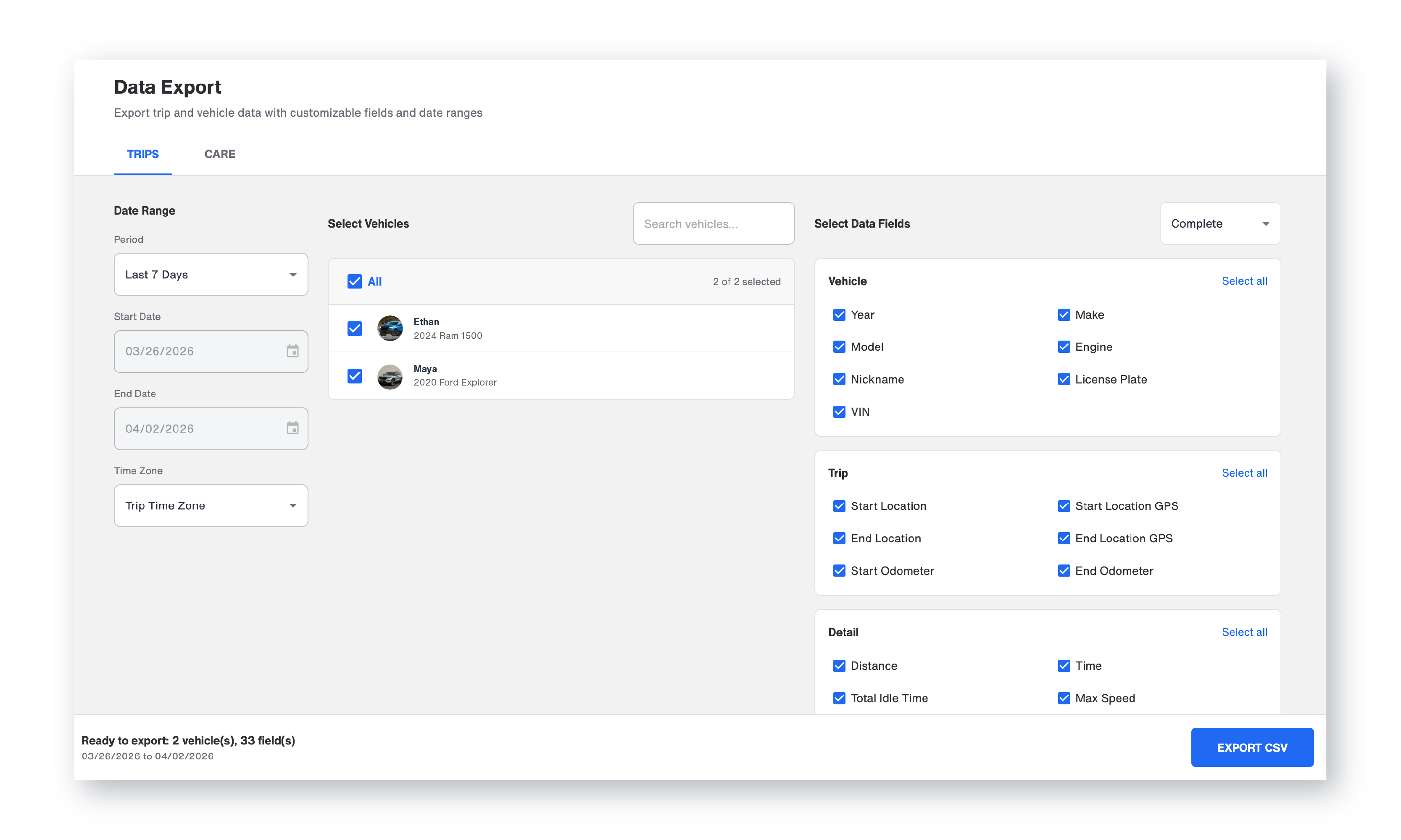 Trips export screen for downloading vehicle data from Bouncie.app