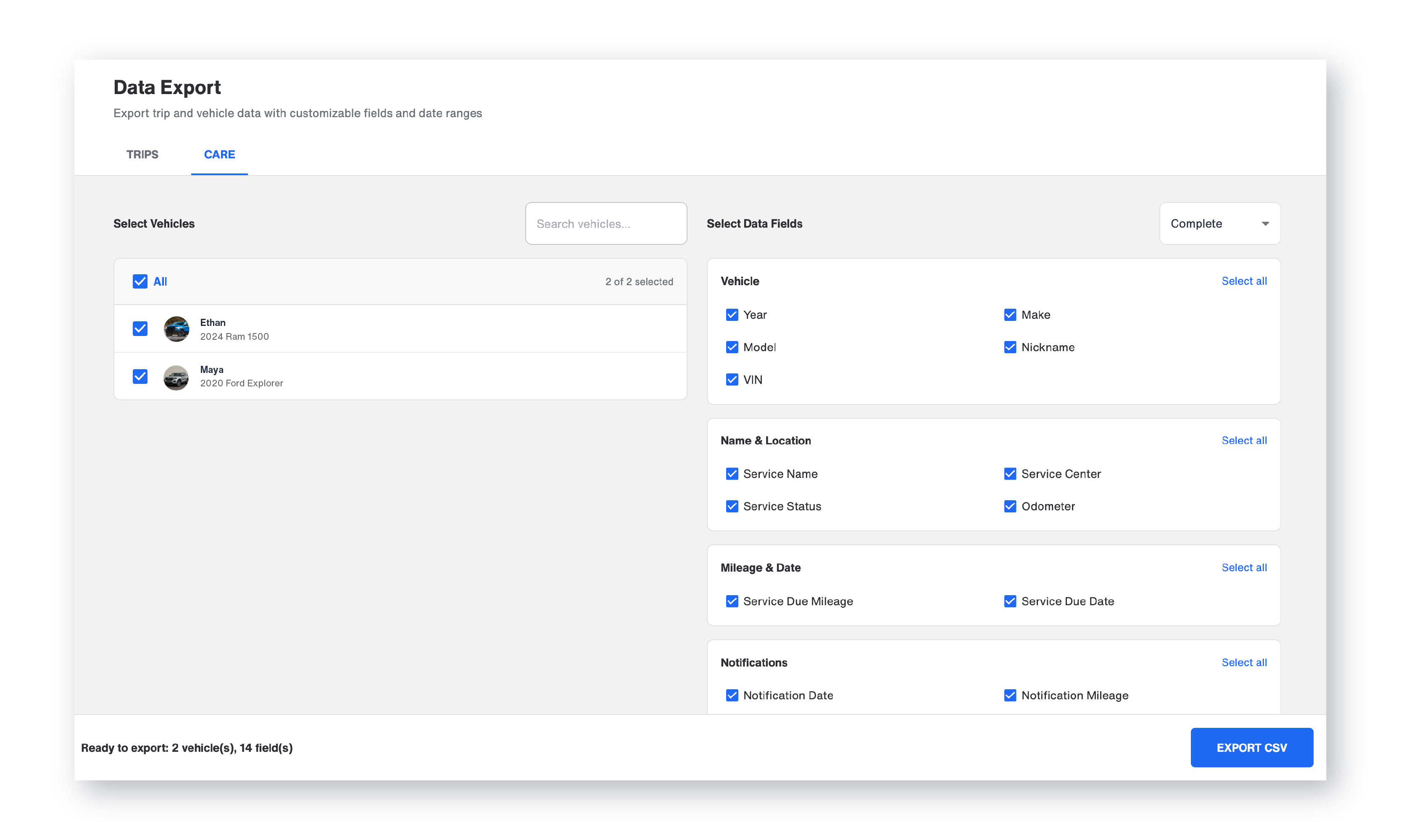 Care export screen for downloading vehicle data from Bouncie.app