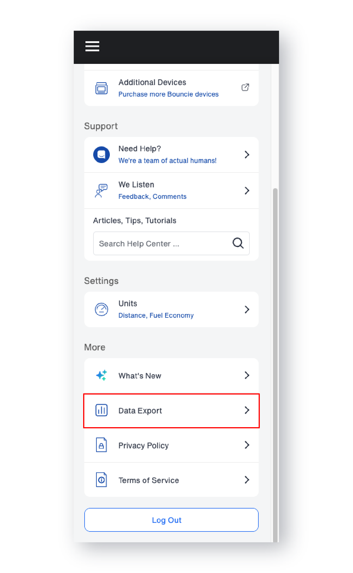 Data export can be found at Bouncie.app under the Menu icon located at the top left of the screen.