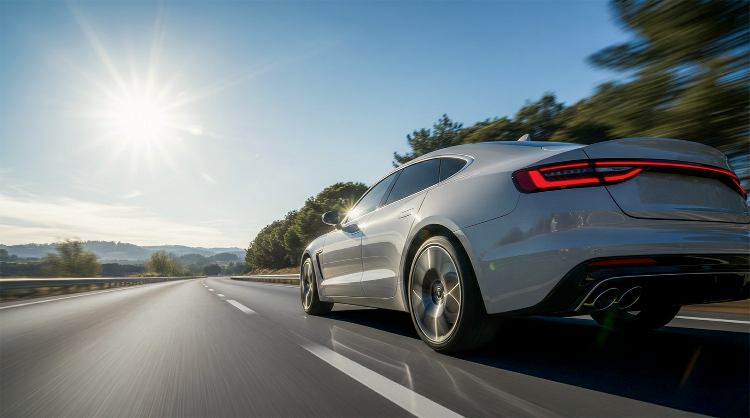 Modern connected car driving on an open highway, representing the future of connected cars and consumer-driven innovation in the automotive industry